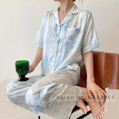 Fashion Elegant Female Pajamas Lounge Wear Set Sexy Print Flower Sleepwear Trouser Suits Spring Summer Loose Satin Home Wear