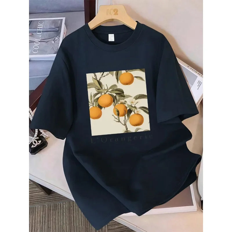 Summer T-Shirts Women Fresh Oranges Fruits Printing Tops Loose O-Neck Soft Comfortable Short Sleeve Street Woman Clothes Summer