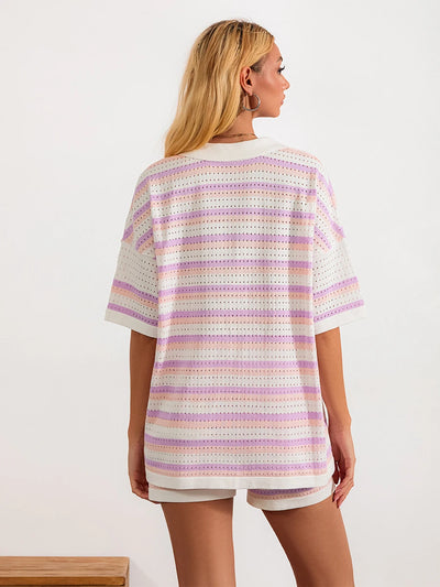 Women Pajamas Set 2 Pieces Loungewear Suits Summer Striped Contrast Color Button Crochet Knit Tops and Shorts Lounge Sets Beach