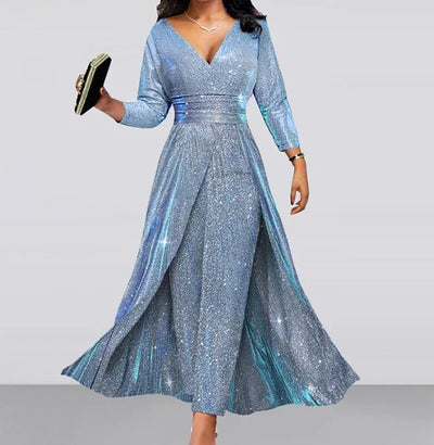 Jumpsuit for Women 2024 Spring Double Sided Sequin Large Skirt with A Bra V-Neck Long Jumpsuits Office Long Pant Swing Jumpsuit