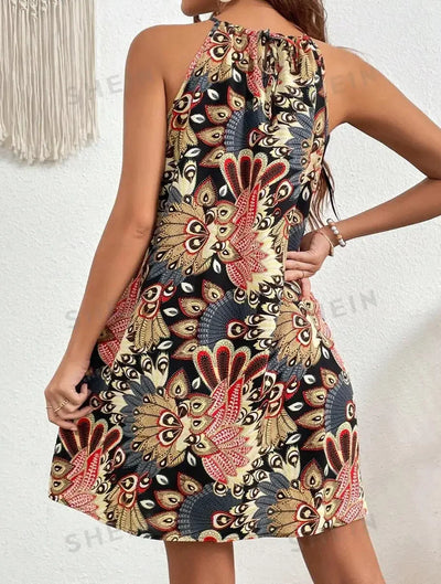 2024 Summer Women Bohemian Dresses Vintage Allover Print Halter Neck Dress Sleeveless Hanging Temperament Vacation Vestidos