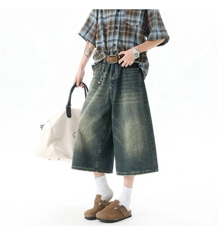 Trendy High-Waisted Wide-Leg Cropped Jeans for Men 2025 Summer Casual Stretch Denim Capri Pants Comfort Fit & Stylish Outfit 8XL