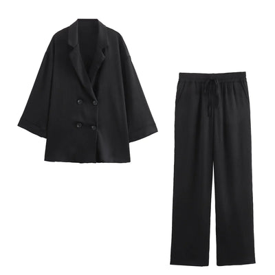 2024 Autumn Women Casual Blazer Coat Pants Set Long Sleeve Double Breasted Blazer + Wide Leg Trousers Lady Office Outfit