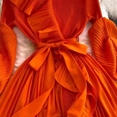 Women's V Neck Ruffles Splice Lantern Sleeve High Stretch Oversized Dresses Miyake Maxi Pleated 2025 Spring Long Party Clothing