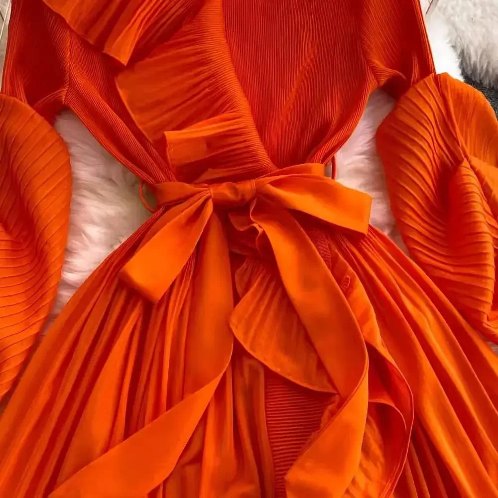 Women's V Neck Ruffles Splice Lantern Sleeve High Stretch Oversized Dresses Miyake Maxi Pleated 2025 Spring Long Party Clothing