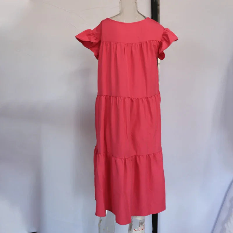 Women's Summer Ruff Sundress Elegant Casual Party Beach Vintage Swing Midi Dress 2022 Solid Bohemian Oversized Vestidos Robe