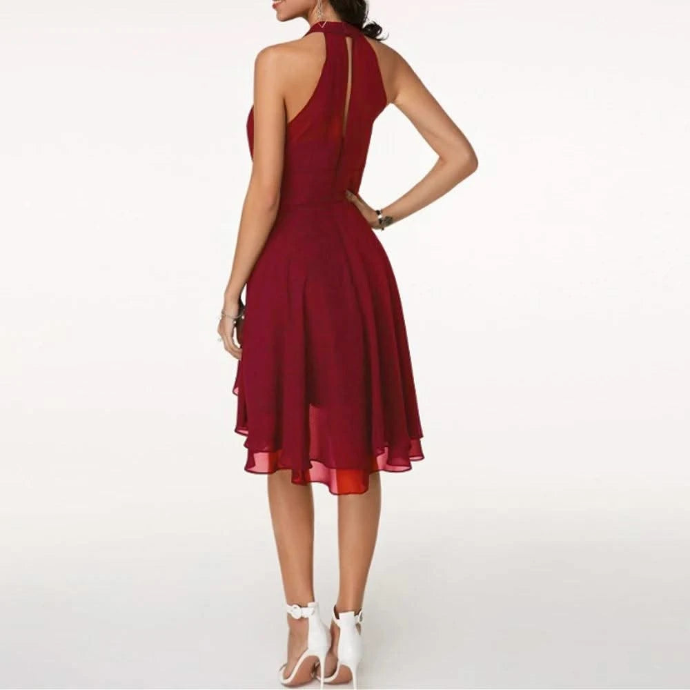 Women Elegant Dress Summer Solid High Waist Halter Sleeveless Midi Dresses Ladies Cropped Layered Chiffon Party Slim Dresses
