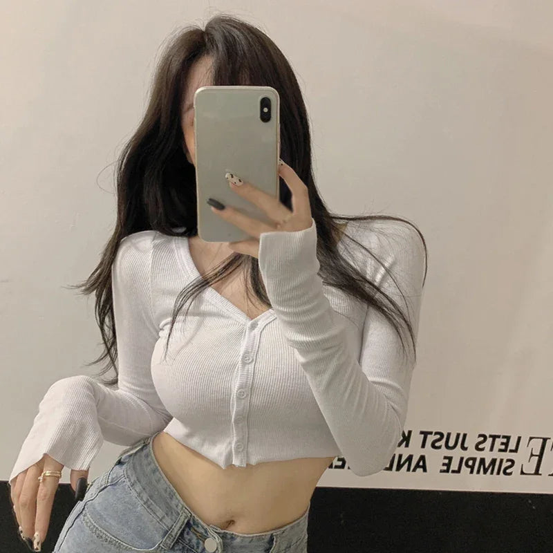 Women T-Shirts Long Sleeve Stretchy V-Neck All-Match Ladies Crop Tops Streetwear Korean Style