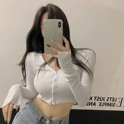 Women T-Shirts Long Sleeve Stretchy V-Neck All-Match Ladies Crop Tops Streetwear Korean Style