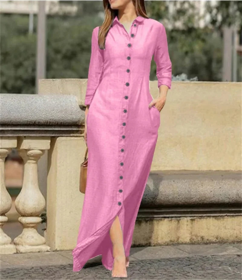 Elegant Long Dress For Women Spring Autumn Long Sleeve Solid Color Cotton And Linen Shirt Dresses Casual Button Dress Robe Femme