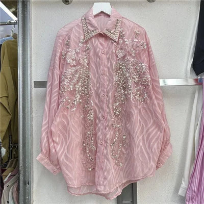 WTHT New Trendy Women's Sequins Diamonds Bows Lace Shirt 2025 Spring Fashion Lapel Long Sleeves Loose Blouse Female 1LS740
