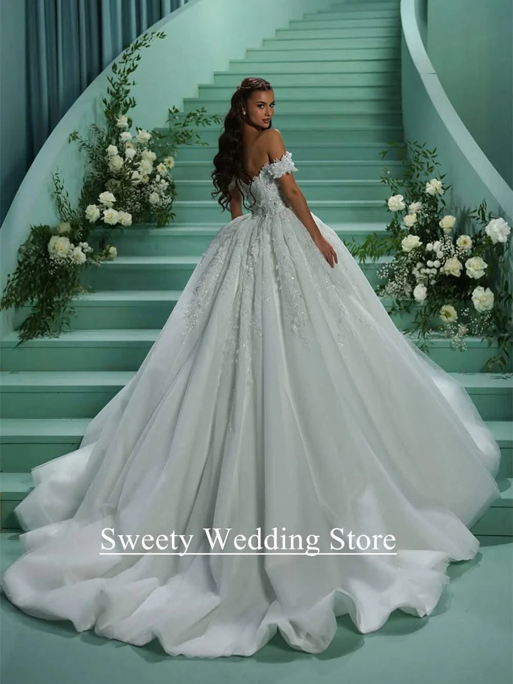 Ball Gown Wedding Dress for Bride Off The Shoulder V Neck Sparkling Beading