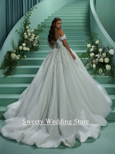 Ball Gown Wedding Dress for Bride Off The Shoulder V Neck Sparkling Beading