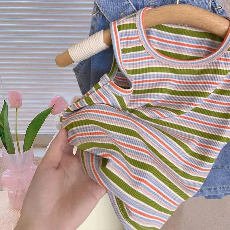 Kids Summer Clothes Toddler Girls Cute Outfits Striped Vest + Denim Straps Baby Girls Suits Children's Clothing