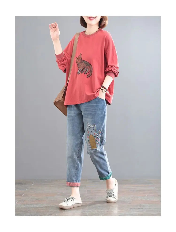 High waisted Jeans for women 2025 Spring Autumn New Korean version Loose Embroidered patch fabric Nine point Harem Pants Female
