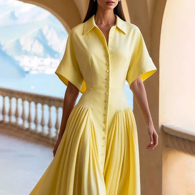 Modigirl Woman Summer Elegant Midi Dresses 2025 High Waist Lapel Neck Short Sleeves Buttoned Flowy A Line Shirt Dress for Women