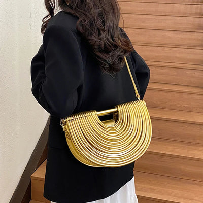 Handbags for Women 2025 New Gold Luxury Designer Brand Handwoven Noodle Bags Rope Knotted Pulled Half Moon Silver Evening Clutch