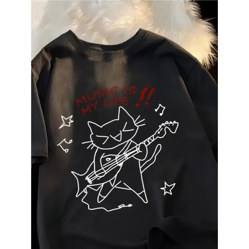 Music Is My Life "cat Pattern T-shirt Breathable Moisture Absorbing Comfortable Street Round Neck Women's T-shirt Cute