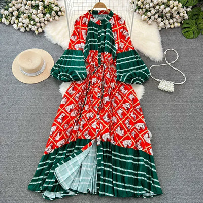Retro Elegant Sashes O Neck Single Breasted Print Dresses Long Lantern Sleeves A-line Casual High Waist Women Autumn Clothing
