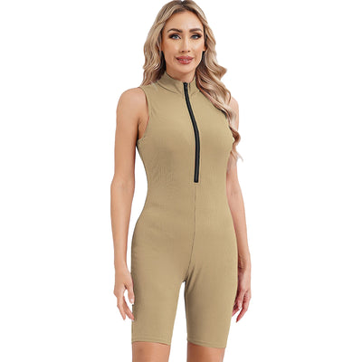Womens Athletic Tank Bodysuit Sleeveless Front Half Zip Shorts Jumpsuit Leotard Gym Yoga Workout Cycling Sportswear Swimsuit