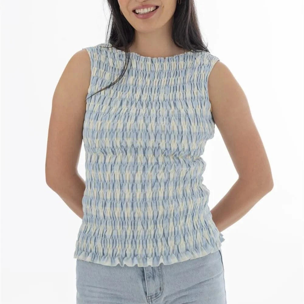 Women Shirred Tank Top Sleeveless Ruffle Hem Smocked Crop Top