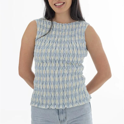 Women Shirred Tank Top Sleeveless Ruffle Hem Smocked Crop Top