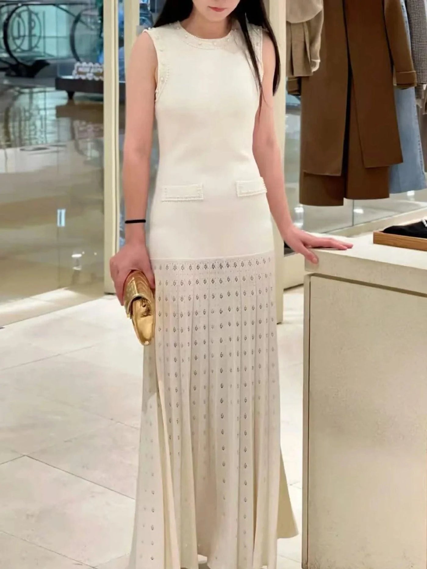 Women's summer dress with round neck and short sleeves with pearl decoration elegant party dress women's dresses trend 2025