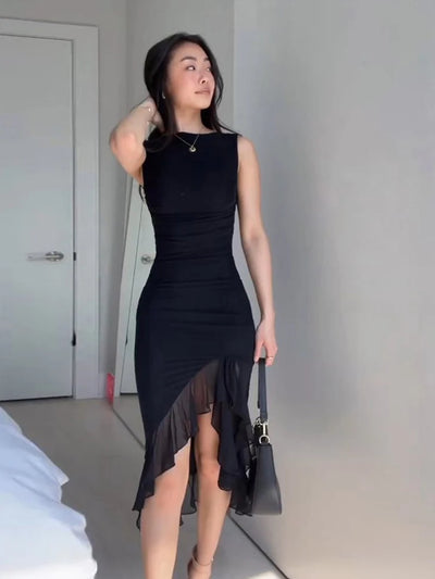 Women Maxi Dress Summer Elegant Solid Sleeveless Nipped Waist Slim Backless Ruffled Irregular Party Dresses Streetwear