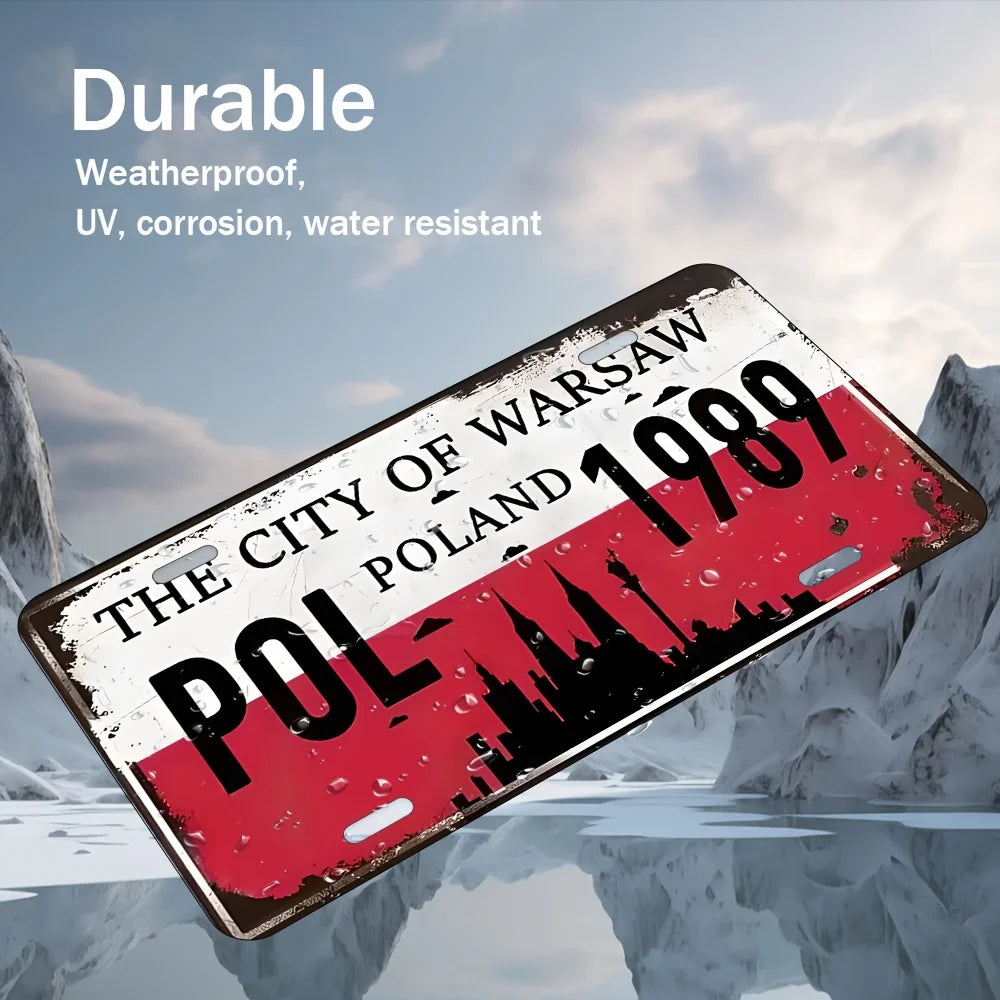 Warsaw 1989 Aluminum Wall Art -  Retro Metal License Plate with Cityscape Design, Polish Flag & "POL" Text, Durable Decor for H