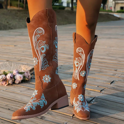 Women's Boots  New Embroidered Long Tube Boots Low Heel Calf Waterproof Cold Resistant Comfort Fashion Knight Boots