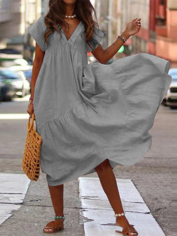 Bohemian Summer Dress for Women V Neck Vestidos Ladies Streetwear Solid Ruffle Dresses Asymmetrical Loose Robe Women Clothing