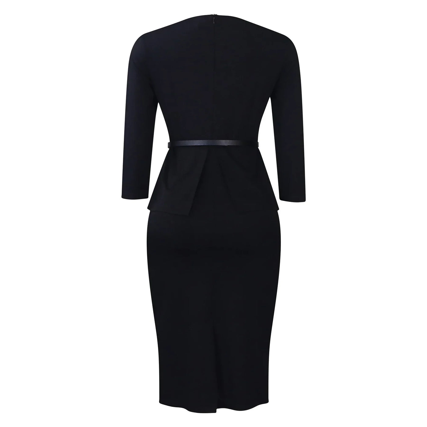 Dress Office Wear for Women Professional Skew Collar Three Quarter Sleeve Belt Waisted Sheath Package Hips Mid Calf Formal Dress