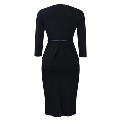 Dress Office Wear for Women Professional Skew Collar Three Quarter Sleeve Belt Waisted Sheath Package Hips Mid Calf Formal Dress