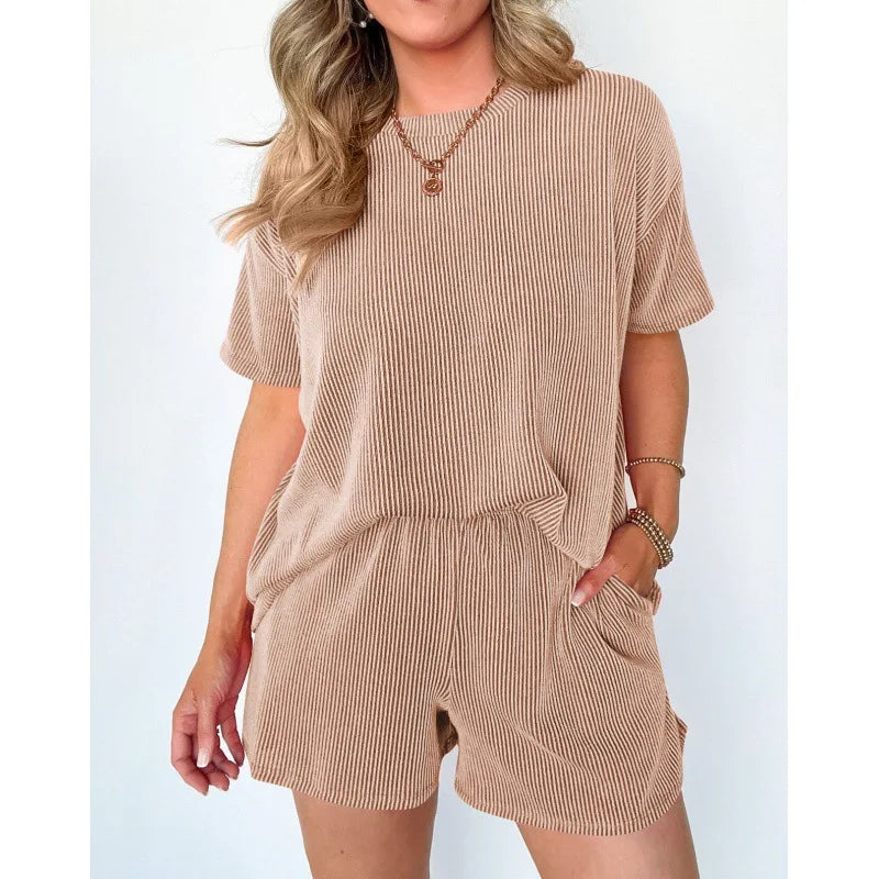 Women's clothing 2025 summer short-sleeved wavy crew neck top, elastic waist shorts two-piece set