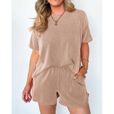 Women's clothing 2025 summer short-sleeved wavy crew neck top, elastic waist shorts two-piece set