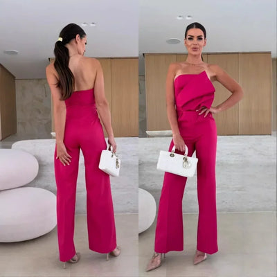 Women's Jumpsuits 2025 New in Summer Fashion Casual Office Lady Solid Color Tight Low Back High-waisted Wide-leg Jumpsuit