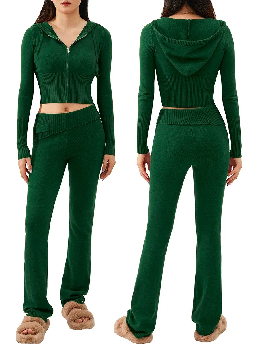 Women Tracksuit  Knit Lounge Set Long Sleeve Zip Up Hoodie with High Waist Wide Leg Pant 2 Piece Sweater Ensemble Casual Set