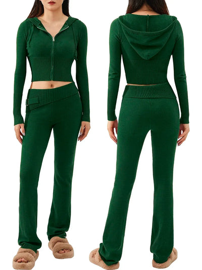 Women Tracksuit  Knit Lounge Set Long Sleeve Zip Up Hoodie with High Waist Wide Leg Pant 2 Piece Sweater Ensemble Casual Set