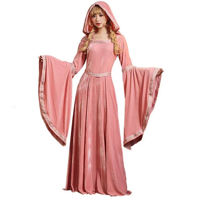 Medieval Women Dress Renaissance Vintage Court Queen Princess Flare Sleeve Hooded Dress Halloween Party Fancy Dress