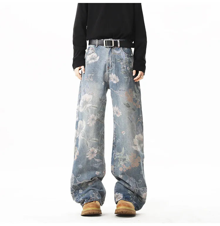 Printed denim jeans men American hip-hop High quality men women trendy retro floral print straight leg loose wide casual pants