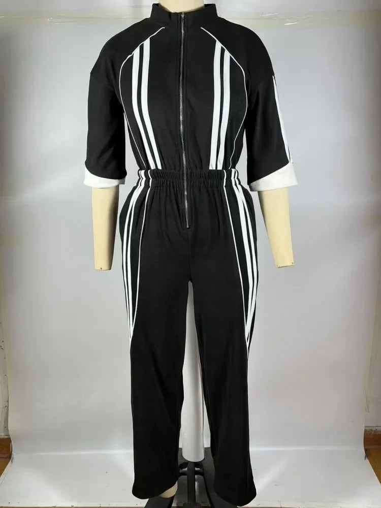 Women Jumpsuits For Spring 3/4 Sleeve Print Stripe Loose Fashion Streetwear Overalls Wide Leg Pants Trousers 2025 Summer