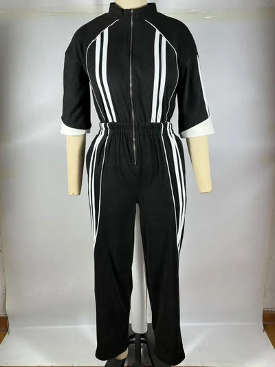 Women Jumpsuits For Spring 3/4 Sleeve Print Stripe Loose Fashion Streetwear Overalls Wide Leg Pants Trousers 2025 Summer