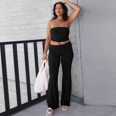 Women's Clothing 2025 Spring Fashion New Item Solid Color Strapless Top Flared Pants Fashionable Slim Fit Sports Suit for Women