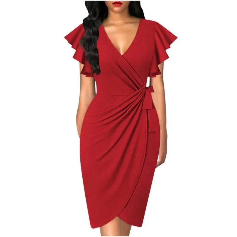 Sexy Summer Dress Cocktail Faux Wrap Deep V Neck Ruffle Sleeve Ruched Party Work Formal Wedding Dresses for Women