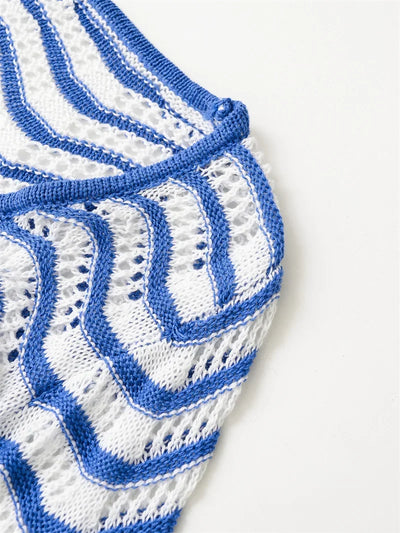 Women's dress 2025 summer new style  blue and white color-blocked striped long-sleeve mini dress with sexy hollow design