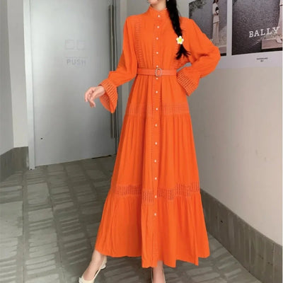 Retro Elegant Summer Stand Collar Flare Sleeve Single Breasted Lace Spliced Dress A-line French Evening Party Women Dresses