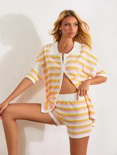Women Pajamas Set 2 Pieces Loungewear Suits Summer Striped Contrast Color Button Crochet Knit Tops and Shorts Lounge Sets Beach