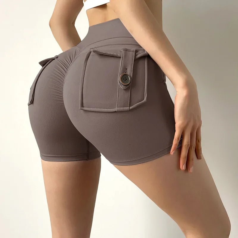 Shorts Women Solid Yoga Pants Pocket Button Short Pant Slim Fit Trousers Wrap Hip Splice Sporty High Waist Lady Summer