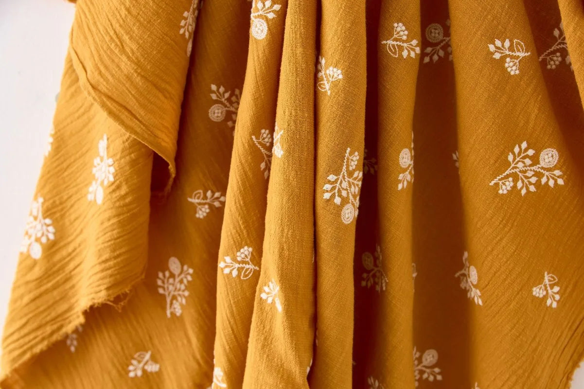 140x50cm Embroidered Slub Cotton Linen Fabric Clothing Sewing Fabric, Diy Women's Dress Forest Flower Cloth
