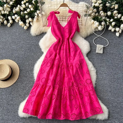 French Vintage Hollow Out Embroidery Butterfly Bow Bandage Slip Dress A-line Chic Casual Beach Vacation Women Summer Dresses